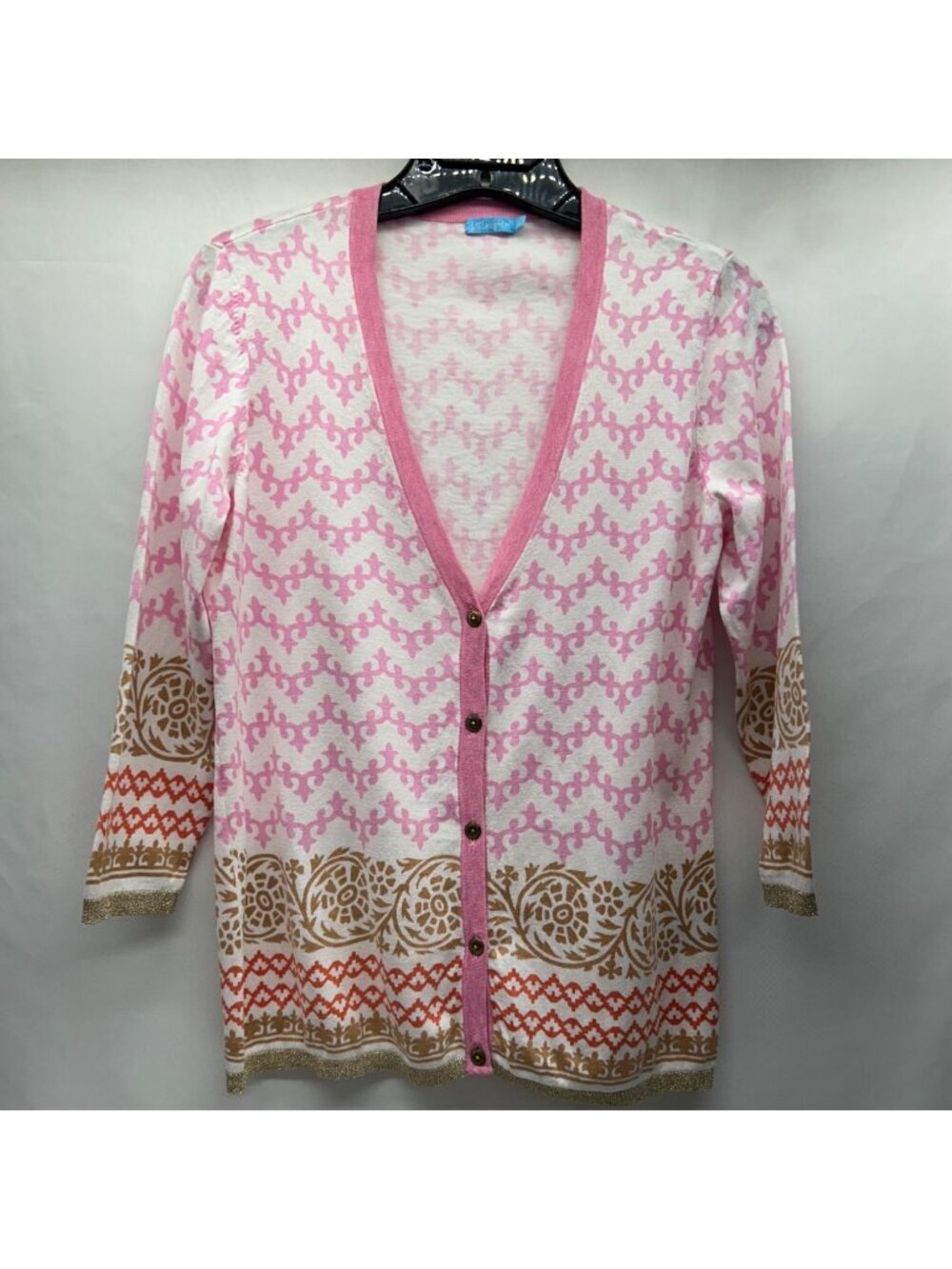 J.McLaughlin Womens Pink & Gold Patterned Button-Front Cardigan Sweater S Cotton